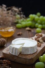 Goat cheeses on wooden background with honey and grapes. Dark food photo.