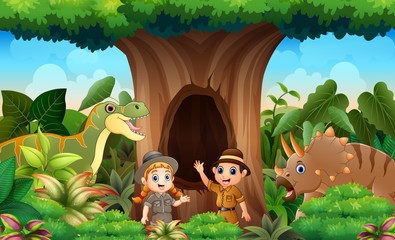 Zookeepers and animals in the jungle