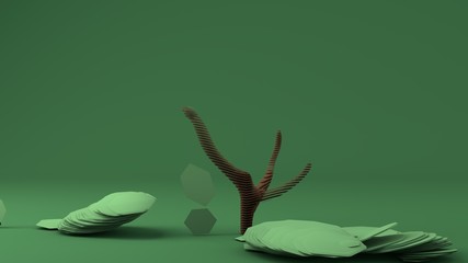 3D rendering of a polygonal model of a green tree that collapses and dies. Low poly style. A tree with a crown of cut green spheres. The idea of environmental protection, Minimalism in the image.