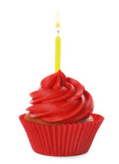 Delicious birthday cupcake with candle and red cream isolated on white