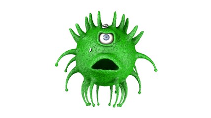 3D rendering of one-eyed scary and green virus. Coronavirus from China. Made in China. The coronavirus is furious and dangerous. Illustration for medical and scientific compositions.