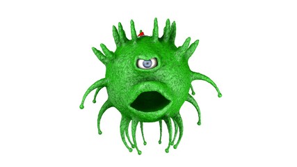 3D rendering of one-eyed scary and green virus. Coronavirus from China. Made in China. The coronavirus is furious and dangerous. Illustration for medical and scientific compositions.