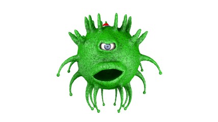 3D rendering of one-eyed scary and green virus. Coronavirus from China. Made in China. The coronavirus is furious and dangerous. Illustration for medical and scientific compositions.