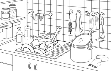 Part of the kitchen interior with a full sink of dirty dishes, a pan, tiles and shelves. Black and white contour vector illustration.