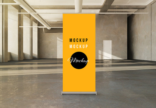 Roll Up Poster Mockup Installed In An Industrial Background