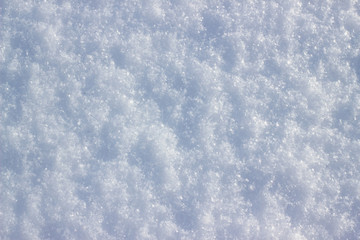 Snow blue background. Texture of white snow sparkling in the sun. Abstract blurred background. Christmas, soft focus.