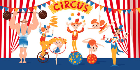 Great circus vector poster with cartoon cute characters