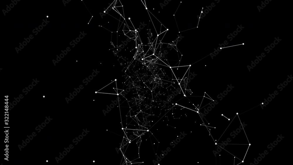 Poster digital plexus network in virtual space coming closer, zooming out.