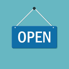 Open door sign flat style. Graphic welcome icon hanging on shop door. Signboard for office, cafe, retail market. Information label or tag for supermarket retro style. Design vector illustration.