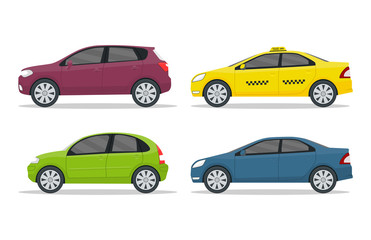 Set of cars on isolated background. Flat auto in side view. Design road vehicle of hatchback, sedan, suv type. Cartoon collection of machines for city road. Modern car icon. vector illustration