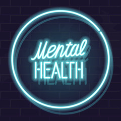 Mental health typography in neon circle. Isolated vector glowing handwritten lettering on brick wall background. Square illustration for social network, poster.