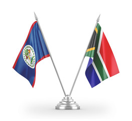 South Africa and Belize table flags isolated on white 3D rendering
