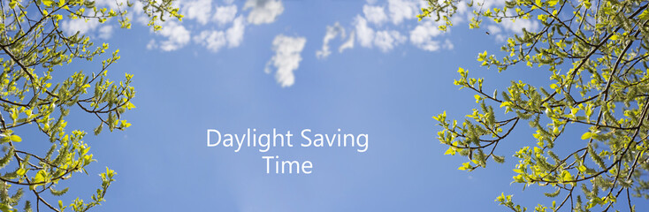 Daylight Saving Time (DST). Blue sky with white clouds and clock. Turn time forward (+1h).