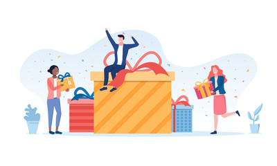 Fototapeta na wymiar Gift giving concept with multiracial people forming a large pile of decorative presents in the center by adding gifts, vector illustration