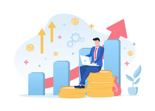 Businessman planning his investments sitting on a pile of gold coins in front of an ascending graph working on a laptop, vector illustration