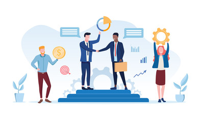 Business partnership concept with two businessmen shaking hands over the agreement on a podium flanked by a man and woman holding a gold gear and coin, vector illustration