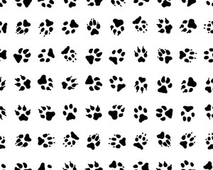 Seamless pattern with  footprints of dogs  on white background