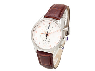 elegantly designed men's wristwatch made of silver and brown leather strap, dial with hands and numbers, nobody.
