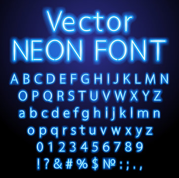Blue retro 80s neon font. Luminous letter glow effects. High detailed alphabet, numbers and symbols for advertising. Techno acid style. Vector typeface for headlines, posters, etc.
