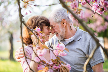 Beautiful senior couple in love outside in spring nature, hugging.