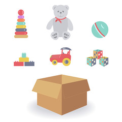 Cute cardboard box and children toys for boys and girls.Funny grey Teddy bear,pyramid,ball,block Builder, tractor and cubes on white background.Concept of moving to new house or store things.Vector
