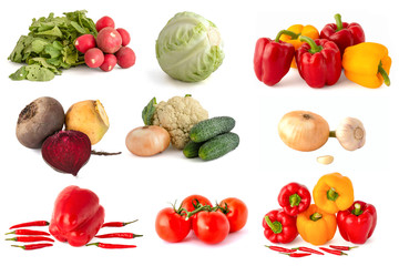 Vegetables radishes cabbage broccoli Bell peppers beets turnips onions cucumber red chili peppers and tomatoes on a white background