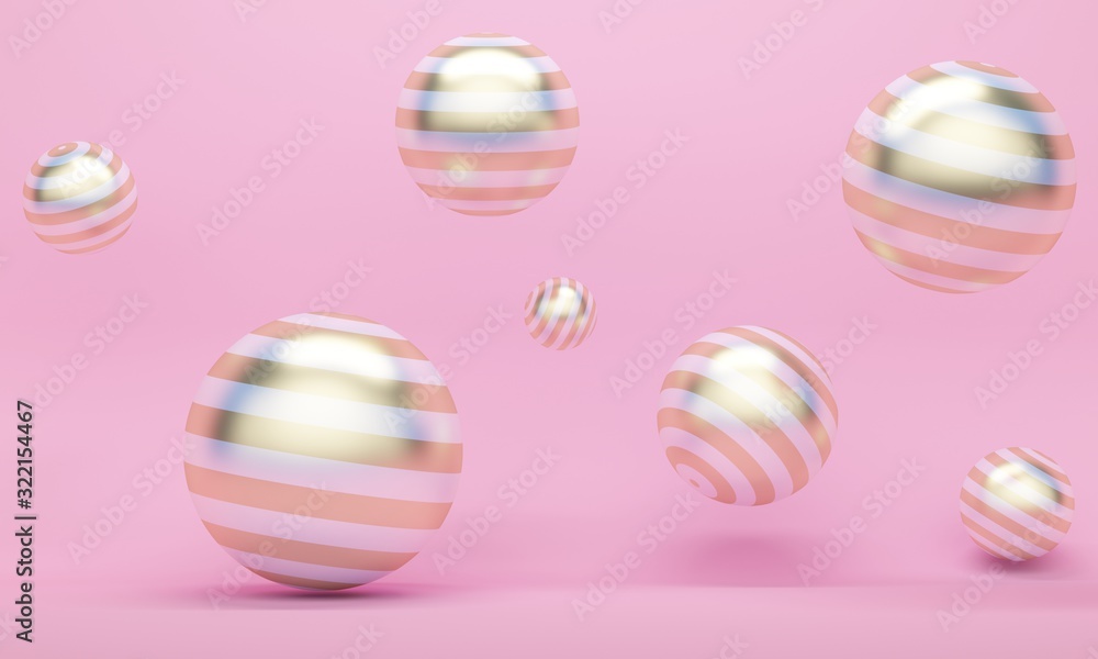 Wall mural Pink abstract background with golden striped flying spheres. Backdrop design for product promotion. 3d rendering - Wall murals