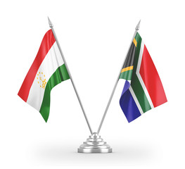 South Africa and Tajikistan table flags isolated on white 3D rendering