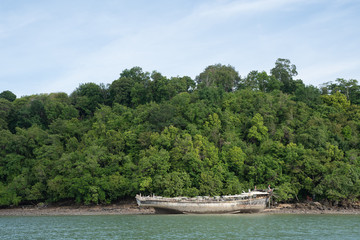 Thai long boat on shore of dense forest island (phuket)