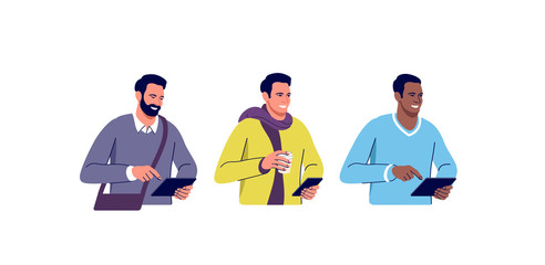 Set of different men with digital devices. Vector illustration.