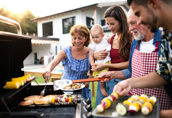 Portrait of multigeneration family outdoors on garden barbecue, grilling. - obrazy, fototapety, plakaty