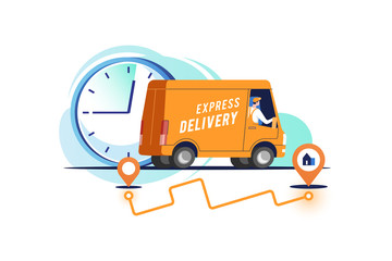 Delivery truck with man is carrying parcels. Vector illustration.  © faber14