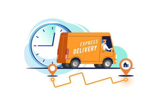 Delivery truck with man is carrying parcels. Vector illustration.	