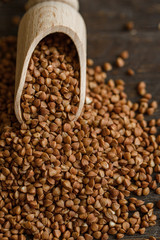 Scoop and buckwheat macro view on rustic background. Close up raw buckwheat background.