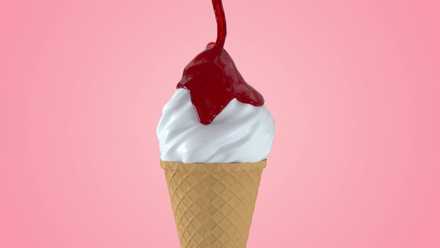 Realistic abstract 3D red fruit jem liquid falling on ice cream with cone waffles. Alpha matte liquid of milk chocolate on could sweet ice cream. 4k render footage.