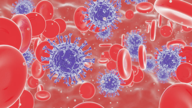 Virus blau Trichter Arme mit roten Blutk&ouml;rpern