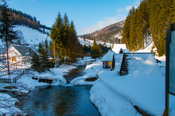 Alpine river in a mountain village