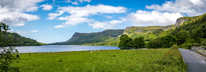 Panorama Glancar lake in Ireland with blue and sunny sky  