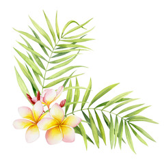 Decorative bouquet with palm branches and plumeria flowers. Watercolor illustration on a white background.