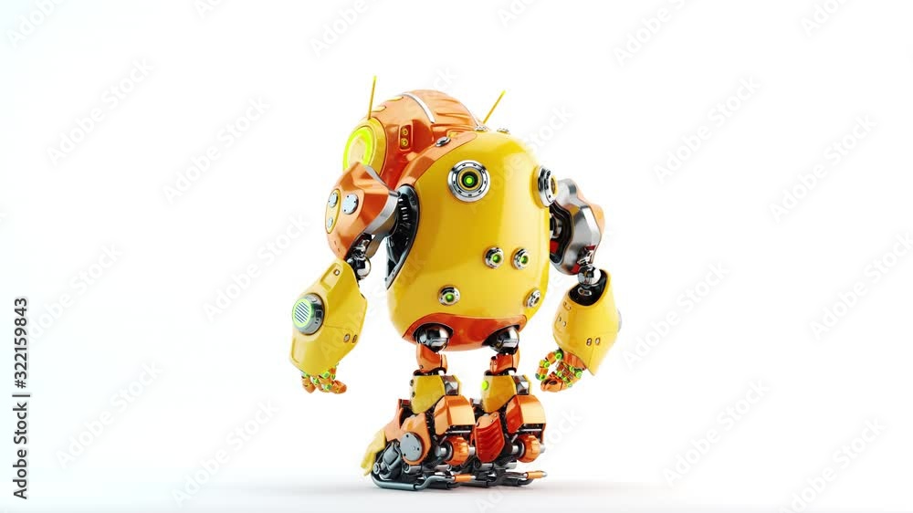 Poster huge orange robotic toy with massive jumpy boots, seamless turnaround 3d rendering with alpha