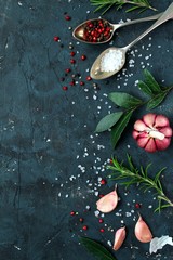 Ingredient for cooking on dark background. Top view with copy space. Cooking concept.