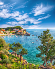 Picturesque summer view of Adriatic sea coast in Budva Riviera near Przno villag