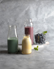 superfood powders and smoothie with natural nutrients curcuma, spirulona and yam 