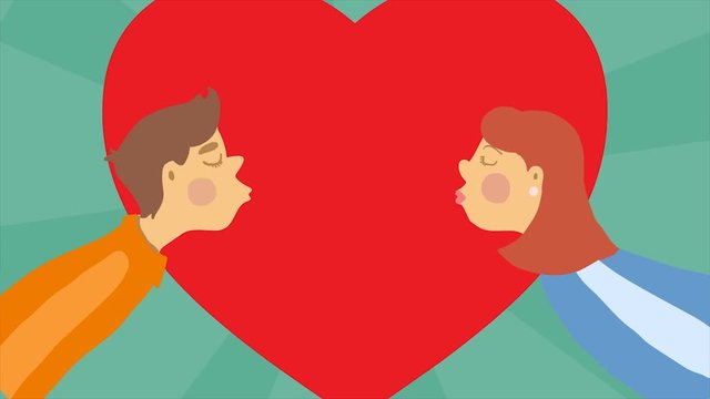 The guy and the girl want to kiss. A red heart appears in the background. Background rotates. Valentine's Day. People in love. Vector graphics. 2d animation