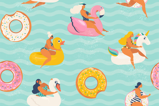 Young women relaxing and sunbathing on inflatable rings of different in shape of duck, unicorn, white swan, donut, flamingo in swimming pool. Vector illustration.