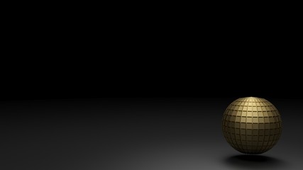 Metallic brass sphere with squared surface flying over a black plan going to dark shadow - 3D rendering illustration