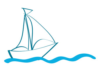 Dibujo de un velero surcando el mar en trazos azul.