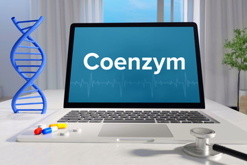 Coenzym – Medizin/Gesundheit. Computer im Büro mit Begriff auf dem Bildschirm. Arzt/Gesundheitswesen