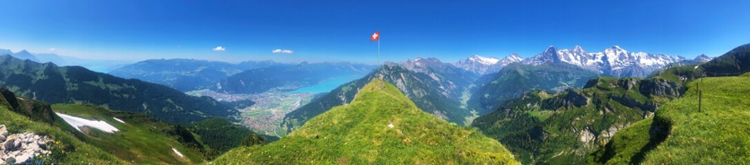 hiking trail panorama at the summit in the swiss alps in summer / spring - obrazy, fototapety, plakaty