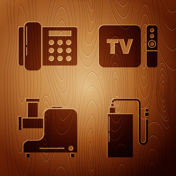 Set Power Bank With Different Charge Cable , Telephone , Kitchen Meat Grinder And TV Box Receiver And Player With Remote Controller On Wooden Background. Vector